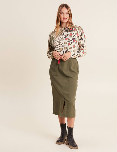 Jupe longue droite vert kaki femme