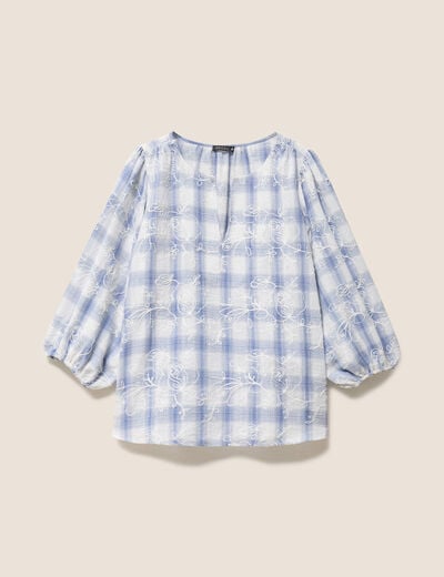 Blouse col tunisien manches 3/4 bleu femme