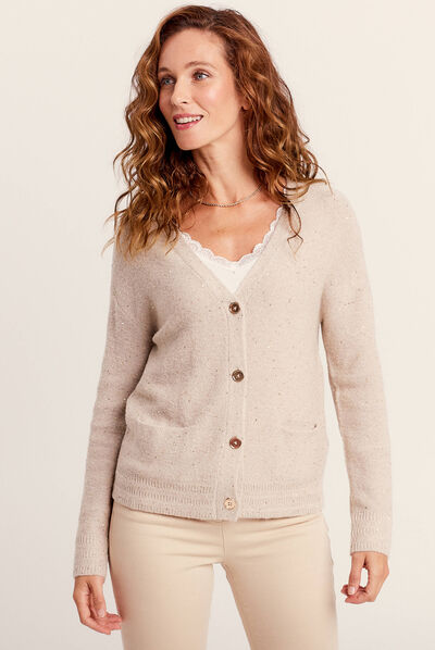 Gilet manches longues sequins creme femme