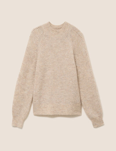 Pull droit col montant manches longues beige femme