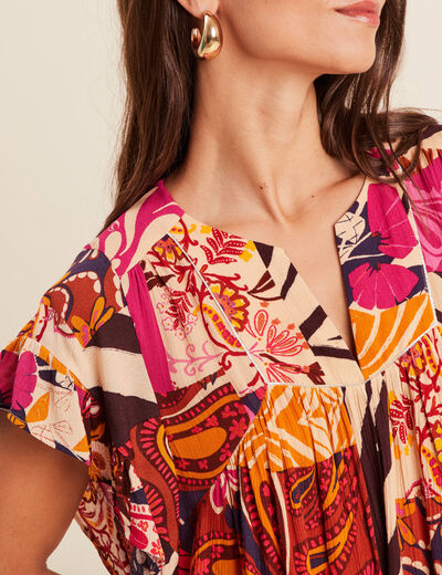 Robe courte évasée col tunisien rose femme