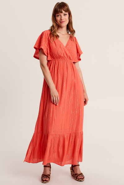 Robe longue évasée orange clair femme