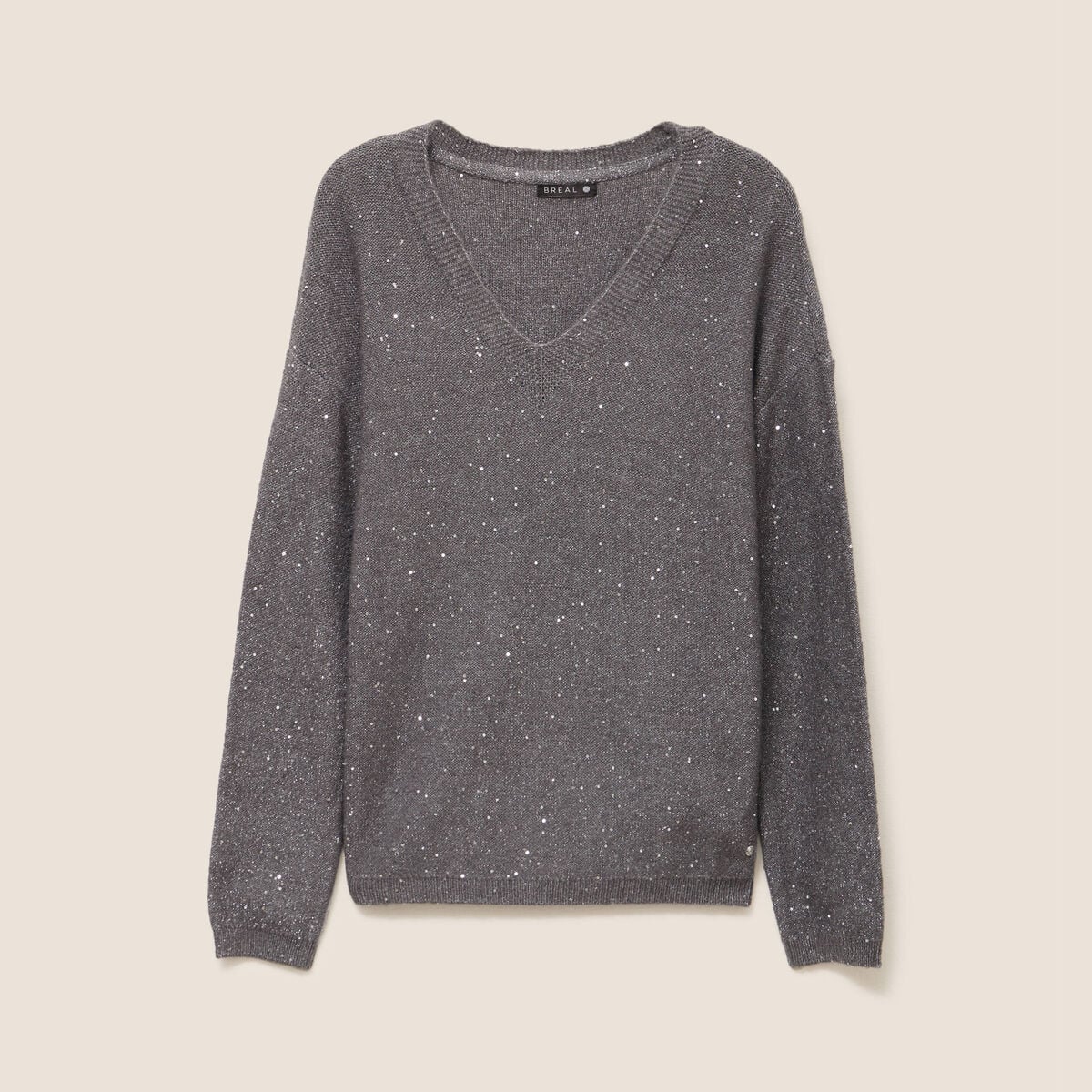 Pull col v manches longues &agrave; sequins gris fonc&eacute; femme