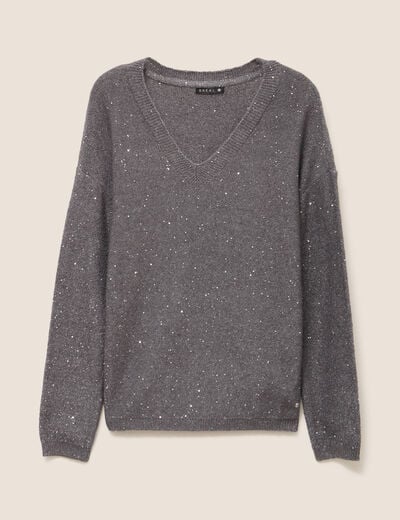 Pull col v manches longues &agrave; sequins gris fonc&eacute; femme