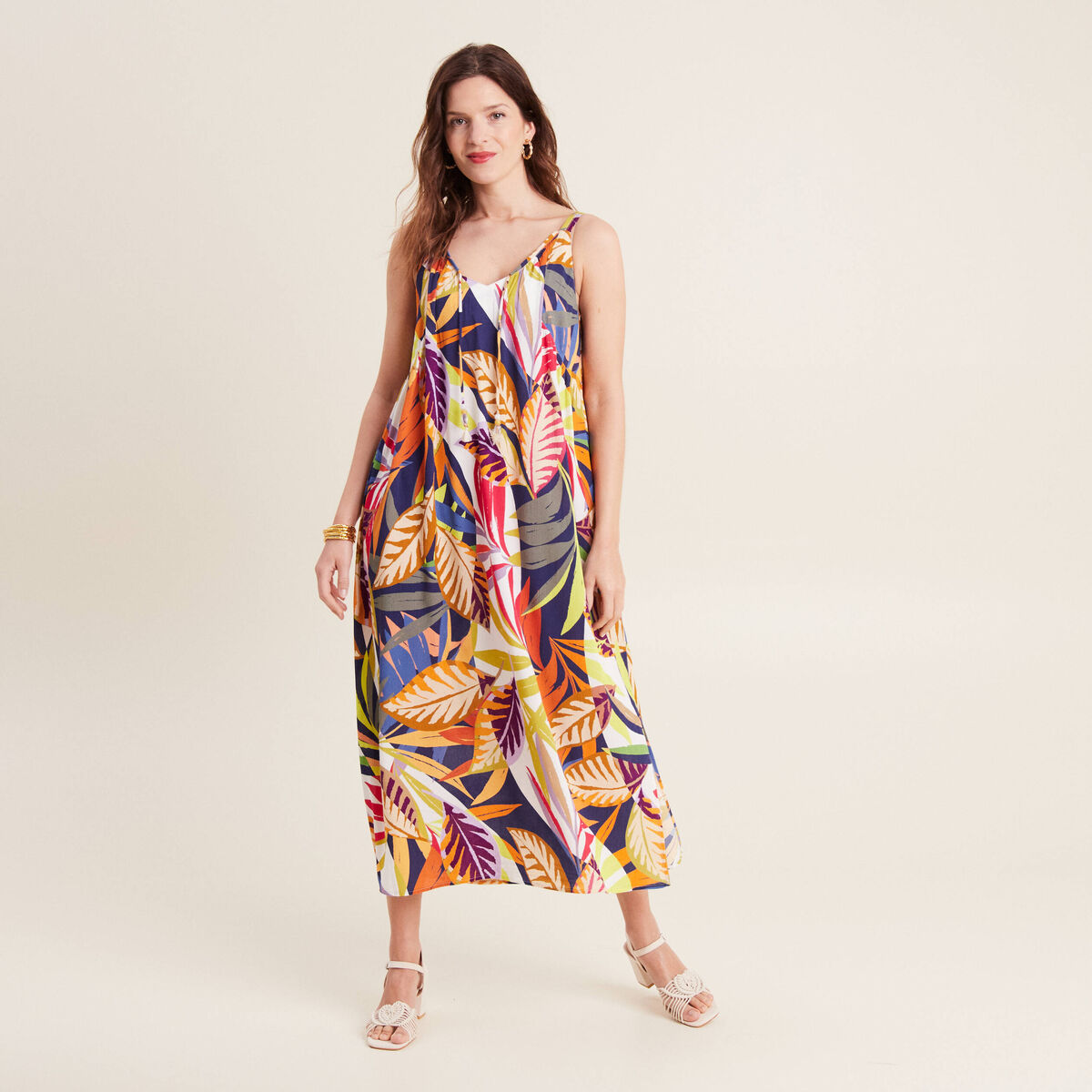 Robe longue évasée fluide multicolore femme