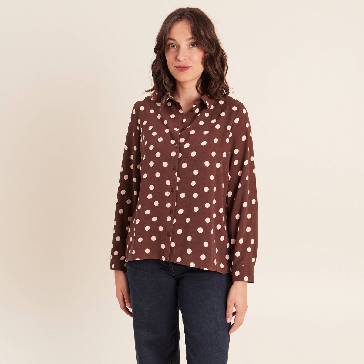 Chemise fluide manches longues marron femme