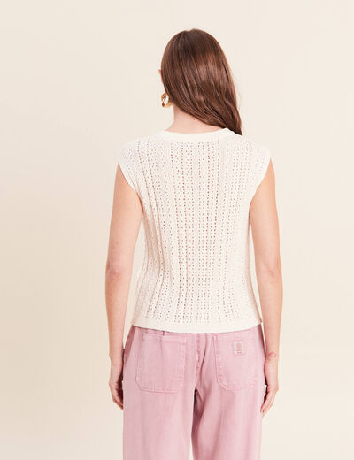 Gilet ajour&eacute; droit court col rond ecru femme