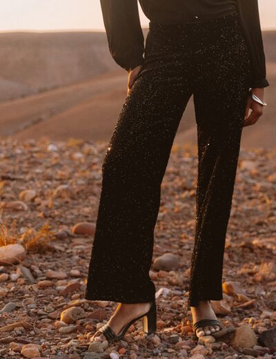 Pantalon &agrave; sequins noir femme