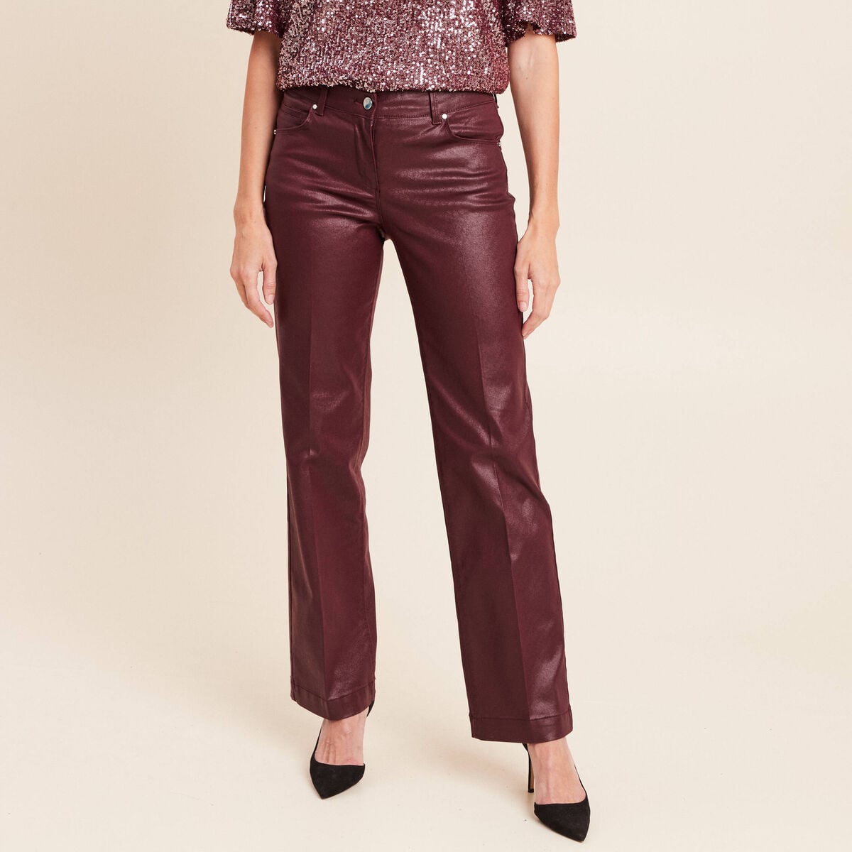 Pantalon enduit coupe large bordeaux femme