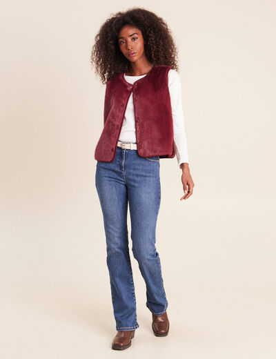 Gilet droit sans manches fausse fourrure bordeaux femme