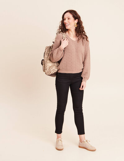Pull droit long col v manches longues sable femme