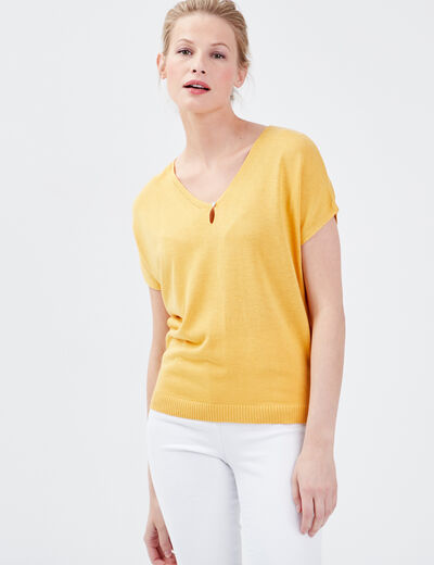 Pull manches courtes jaune moutarde femme