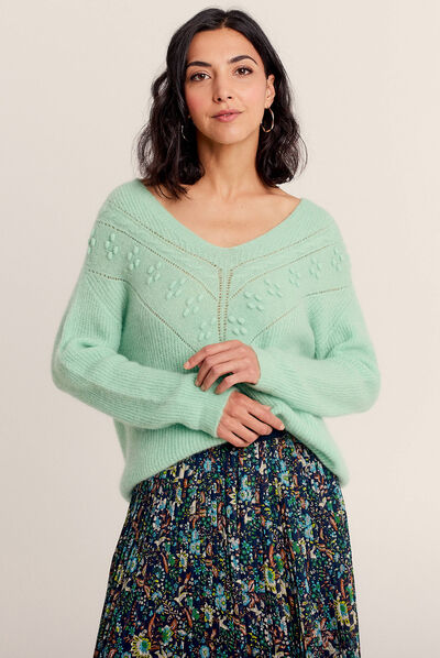 Pull manches longues col en V vert fluo femme