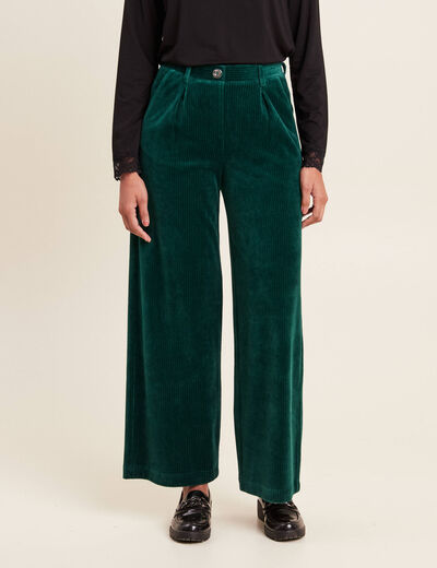Pantalon large velours vert foncé femme