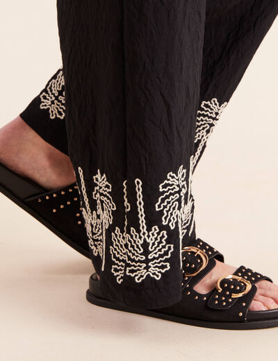 Pantalon large 7/8&egrave;me taille haute noir femme