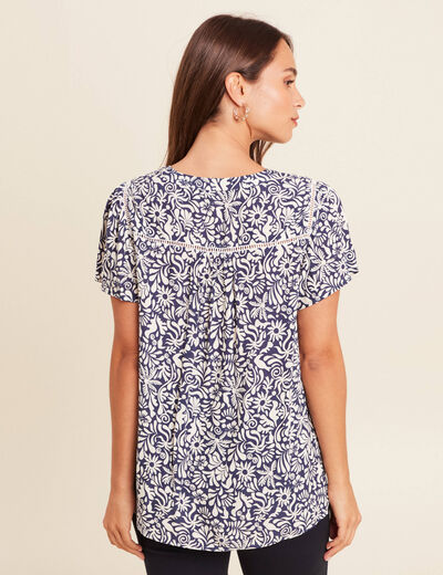 Blouse fluide col V manches courtes bleu femme