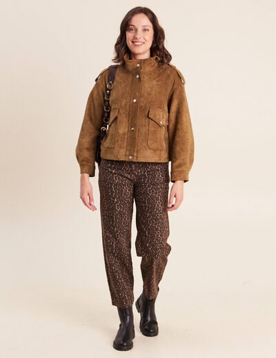 Veste ample col montant doubl&eacute;e marron fonc&eacute; femme