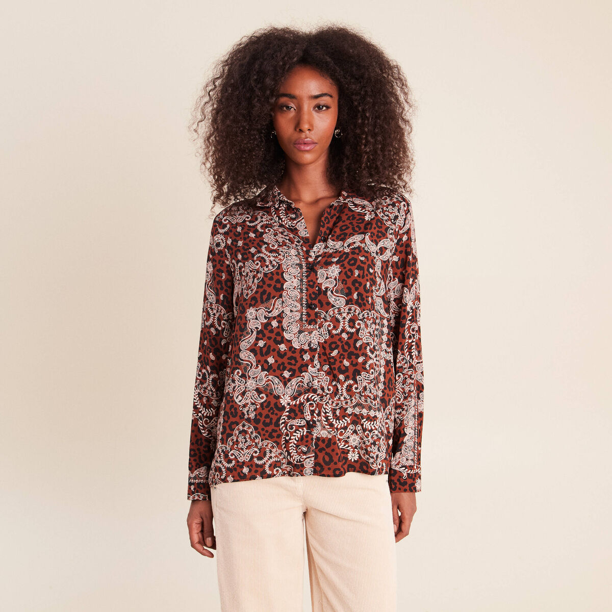 Chemise fluide manches longues marron femme