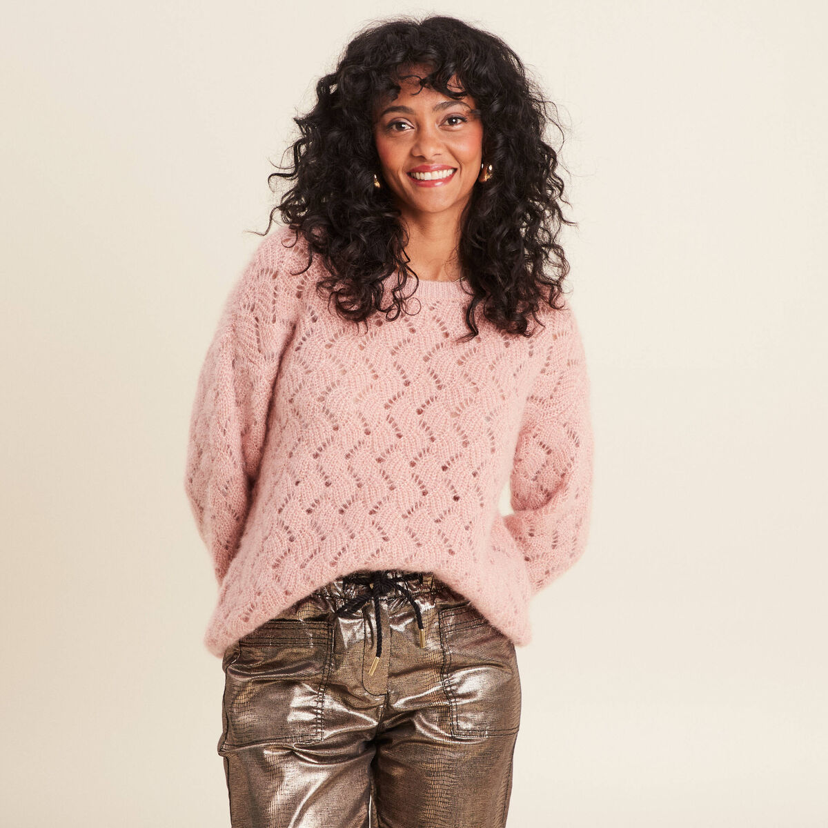 Pull manches longues ajour&eacute; vieux rose femme