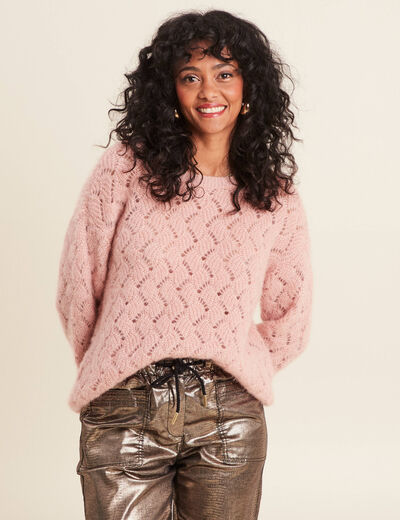 Pull manches longues ajouré vieux rose femme