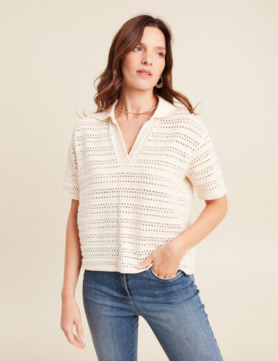 T-shirt ample macramé manches courtes ecru femme