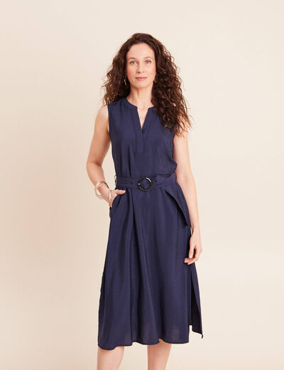 Robe &eacute;vas&eacute;e 3/4 sans manches ceinture bleu marine femme