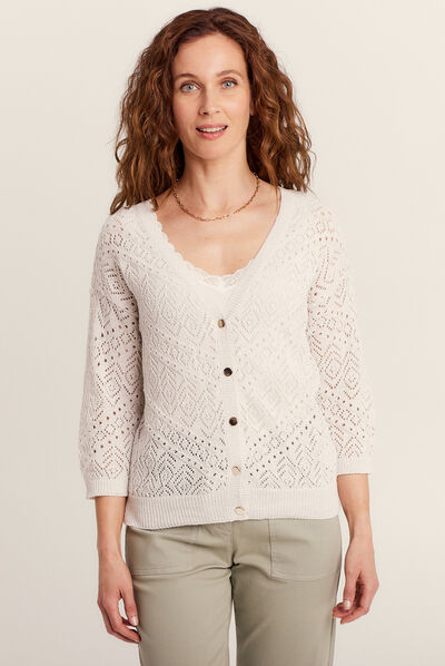 Gilet boutonné ajouré ecru femme