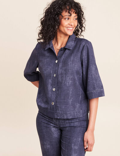 Chemise col chemise manches 3/4 bleu femme