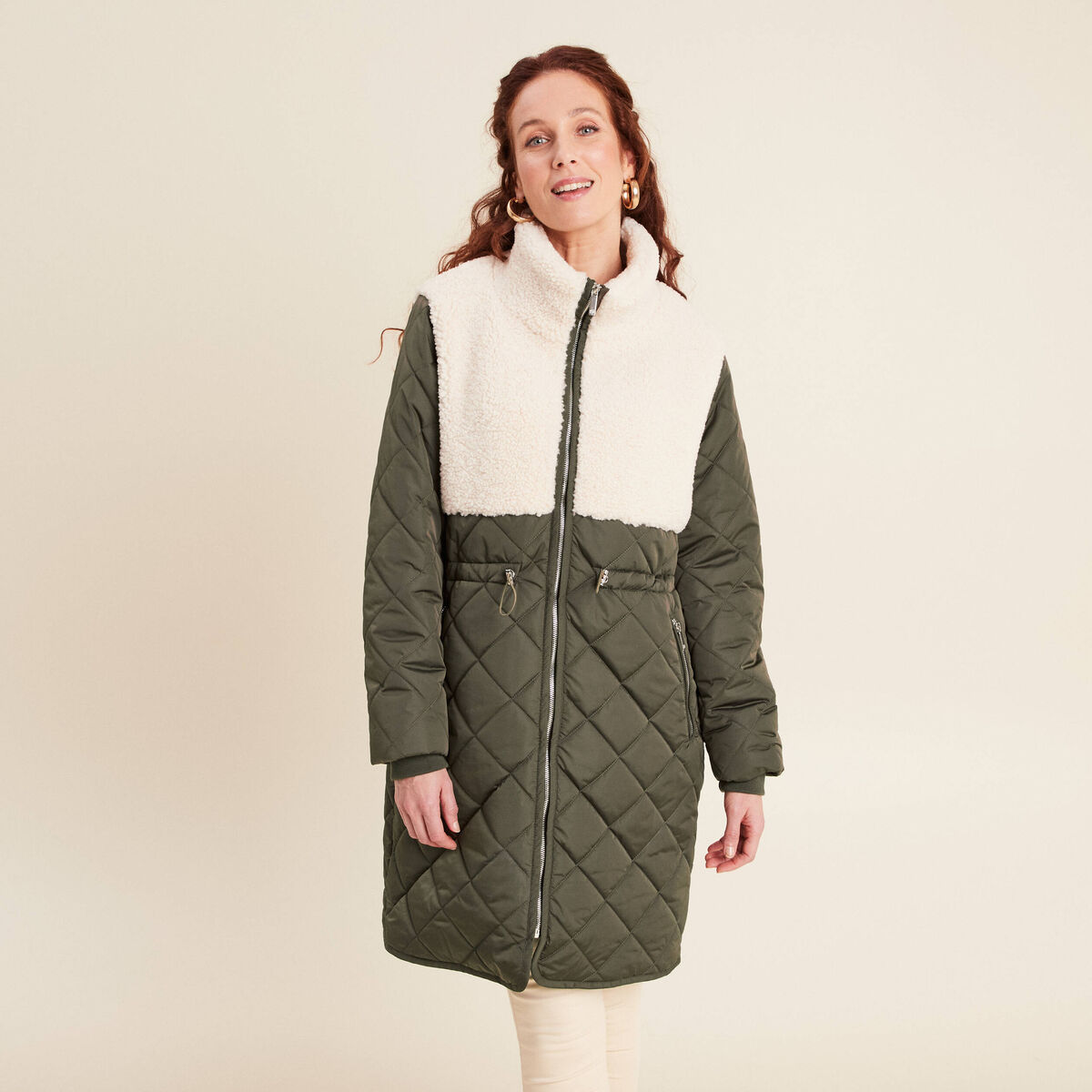 Doudoune longue col montant vert kaki femme