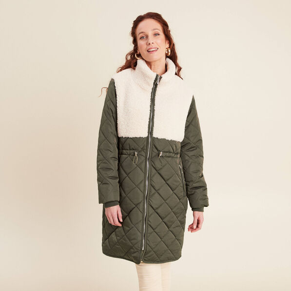 Doudoune longue col montant vert kaki femme