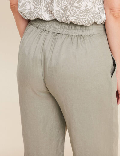 Pantalon large taille haute en lin vert clair femme