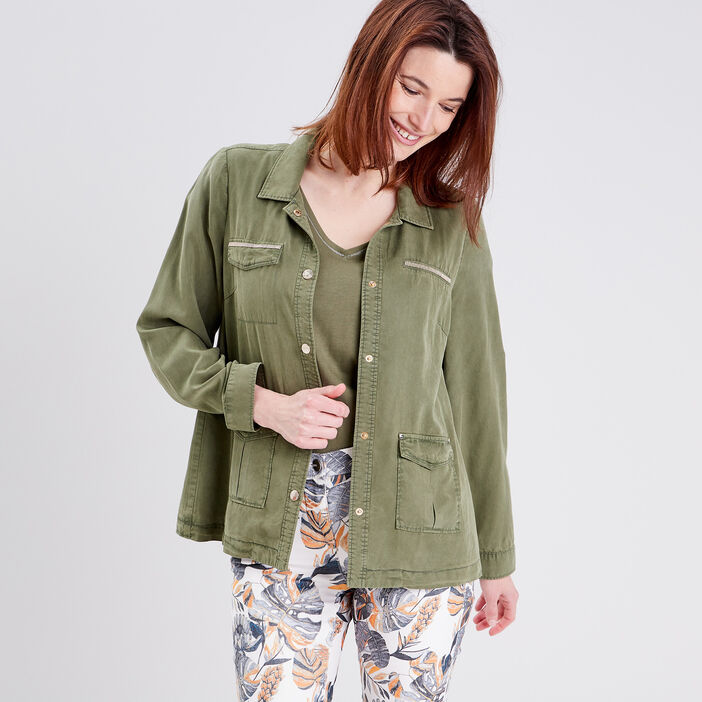 Veste droite boutonnée vert kaki femme