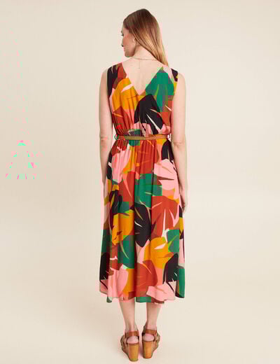 Robe midi évasée ceinturée multicolore femme