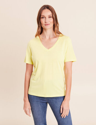 T-shirt col v manches courtes jaune clair femme