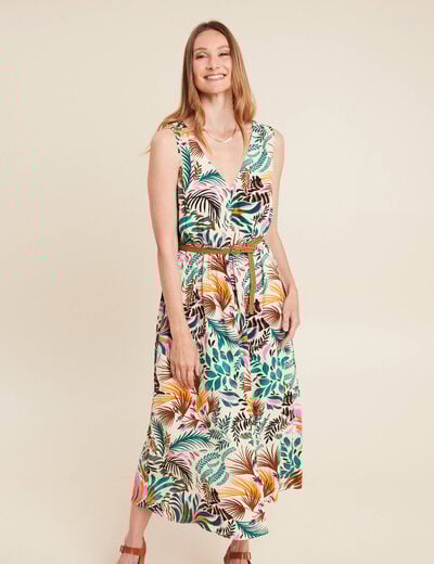 Robe midi évasée ceinturée multicolore femme