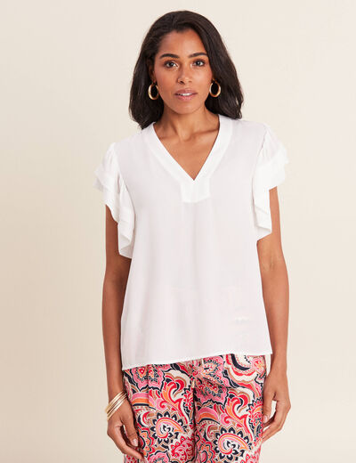 Blouse manches courtes volants ecru femme