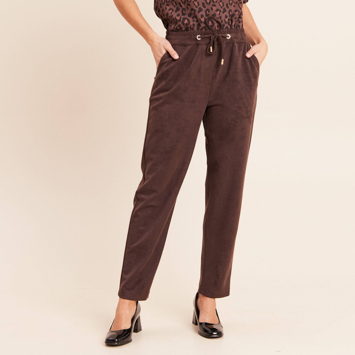 Jogging aspect daim marron fonc&eacute; femme
