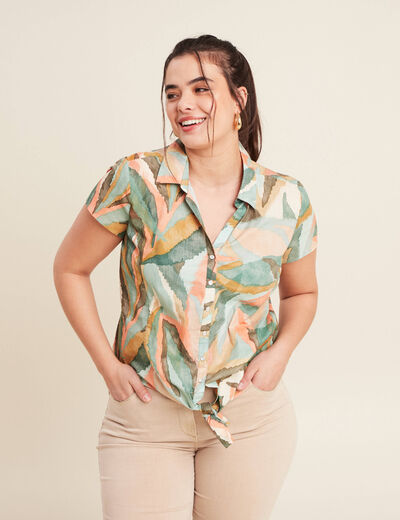 Chemise manches courtes nouée multicolore femme