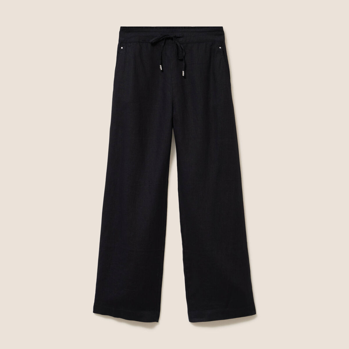 Pantalon large taille haute aspect lin noir femme