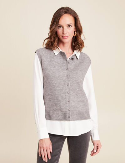 gilet droit court sans manches col rond gris clair femme