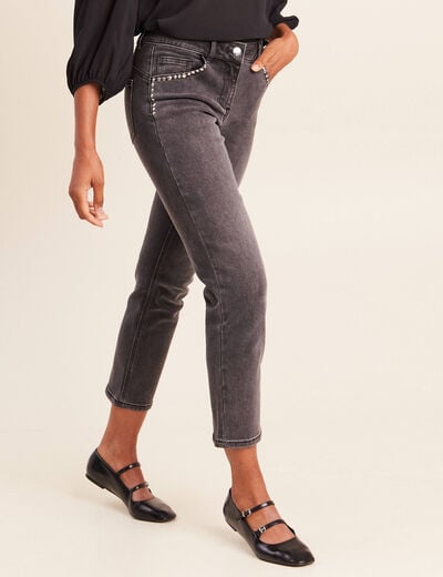 Jean droit 7/8&egrave;me taille bascul&eacute;e denim gris femme