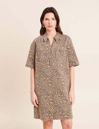 Robe courte droite imprim&eacute;e l&eacute;opard marron femme