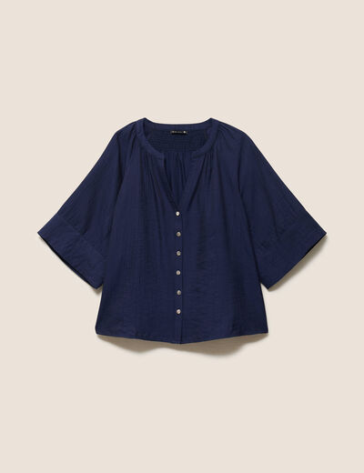 Blouse ample col v manches 3/4 bleu marine femme