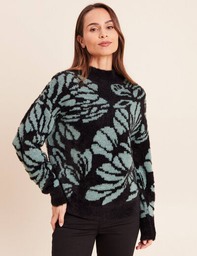 Pull duveteux col montant noir femme