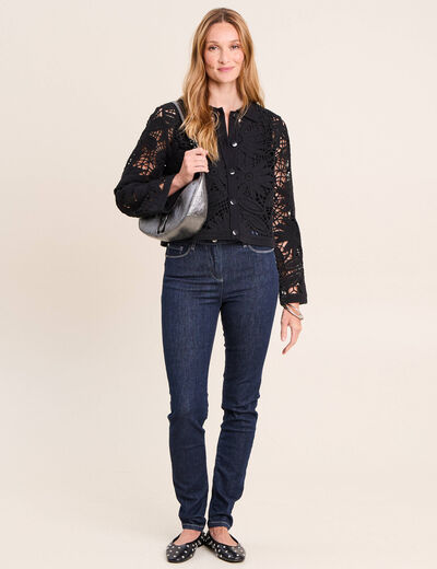 Gilet droit court col chemise dentelle noir femme
