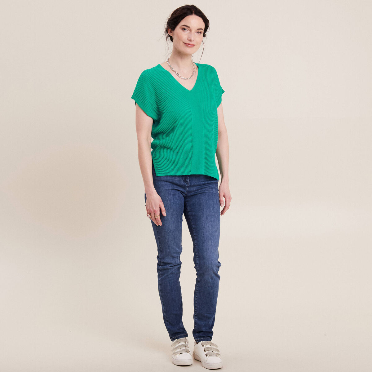 Pull à manches courtes vert turquoise femme