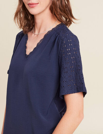 Blouse col V manches courtes bleu marine femme