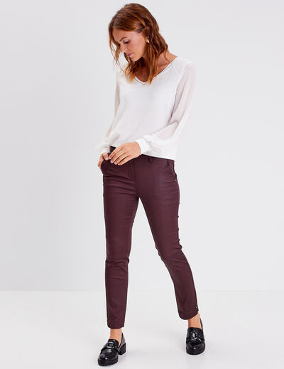 Pantalon ajusté enduit 7/8ème marron foncé femme