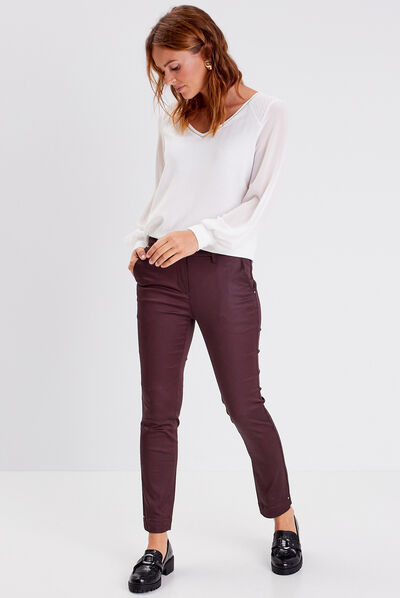 Pantalon ajusté enduit 7/8ème marron foncé femme