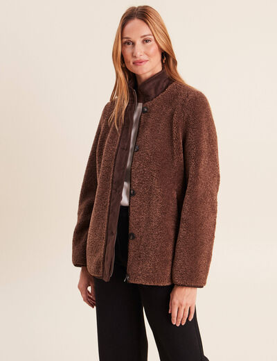 Manteau manches longues col montant marron fonc&eacute; femme